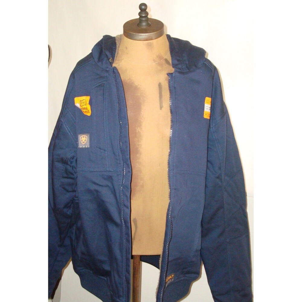 New Ariat Mens large navy blue brown sherpa lined Rebar Duracanvas jacket hood